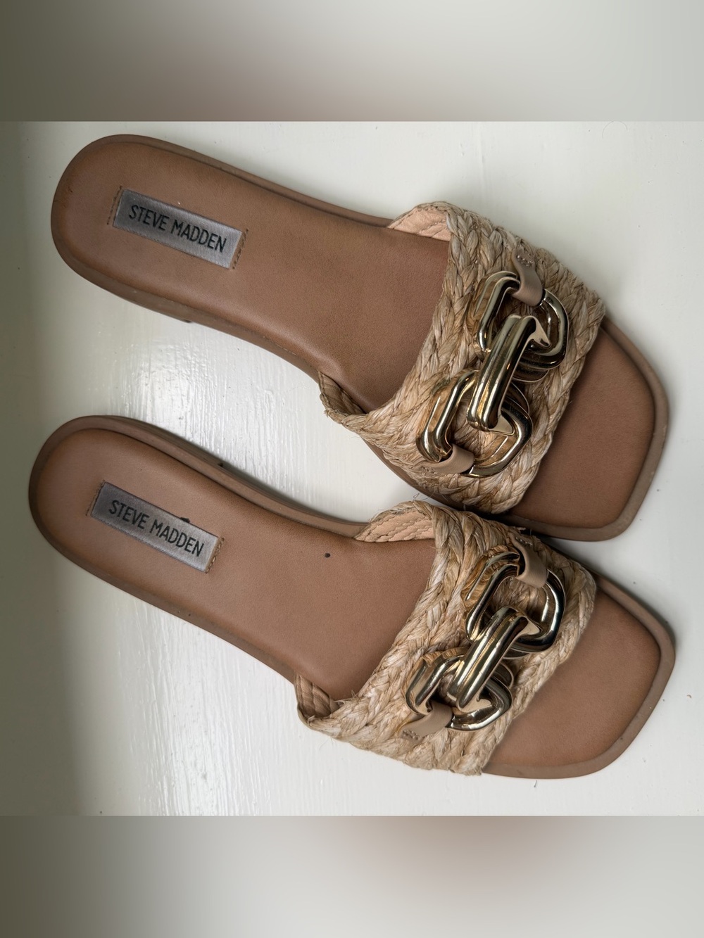 Steve Madden Tan Braided Slide Sandals with Gold Bit